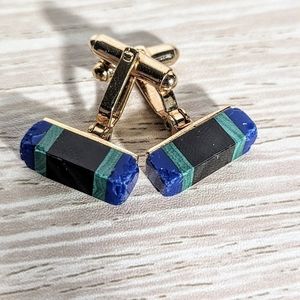 Vintage Rectangle Bar Cufflinks Blue Lapiz Lazuli Green Malachite Black Onyx